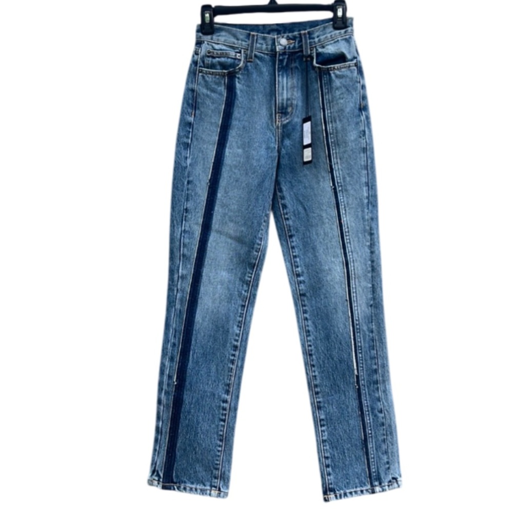 Carmar Denim Ursula Straight High-Rise Jeans Dark Blue Stripes Distressed Rips